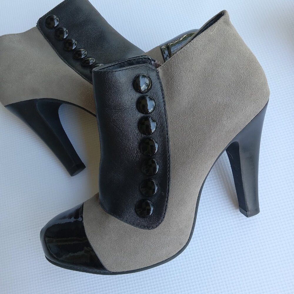 Gianni Bini Taupe and Black Suede & Patent Leather Ankle Booties